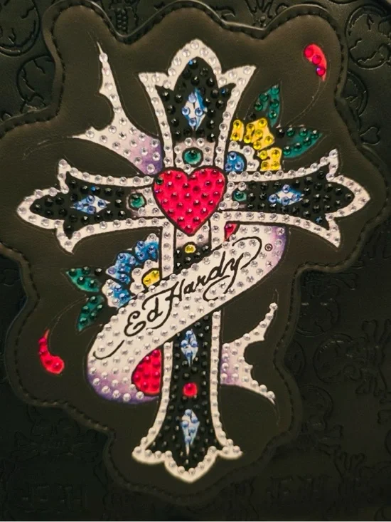 Ed Hardy Black Embossed Rhinestone Cross Satchel Shoulder Bag Vegan Leather NWT - Picture 3 of 9